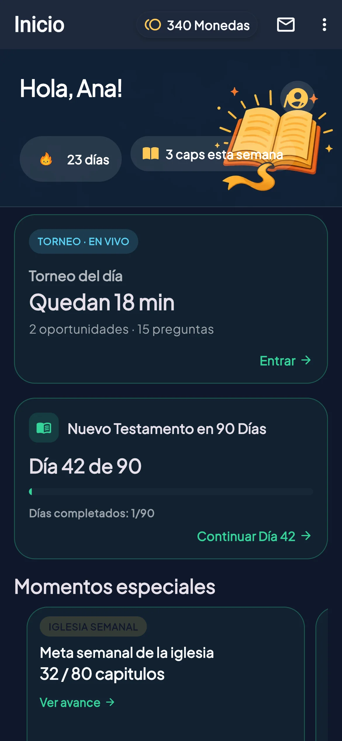 BibleVerse home screen shown in Spanish