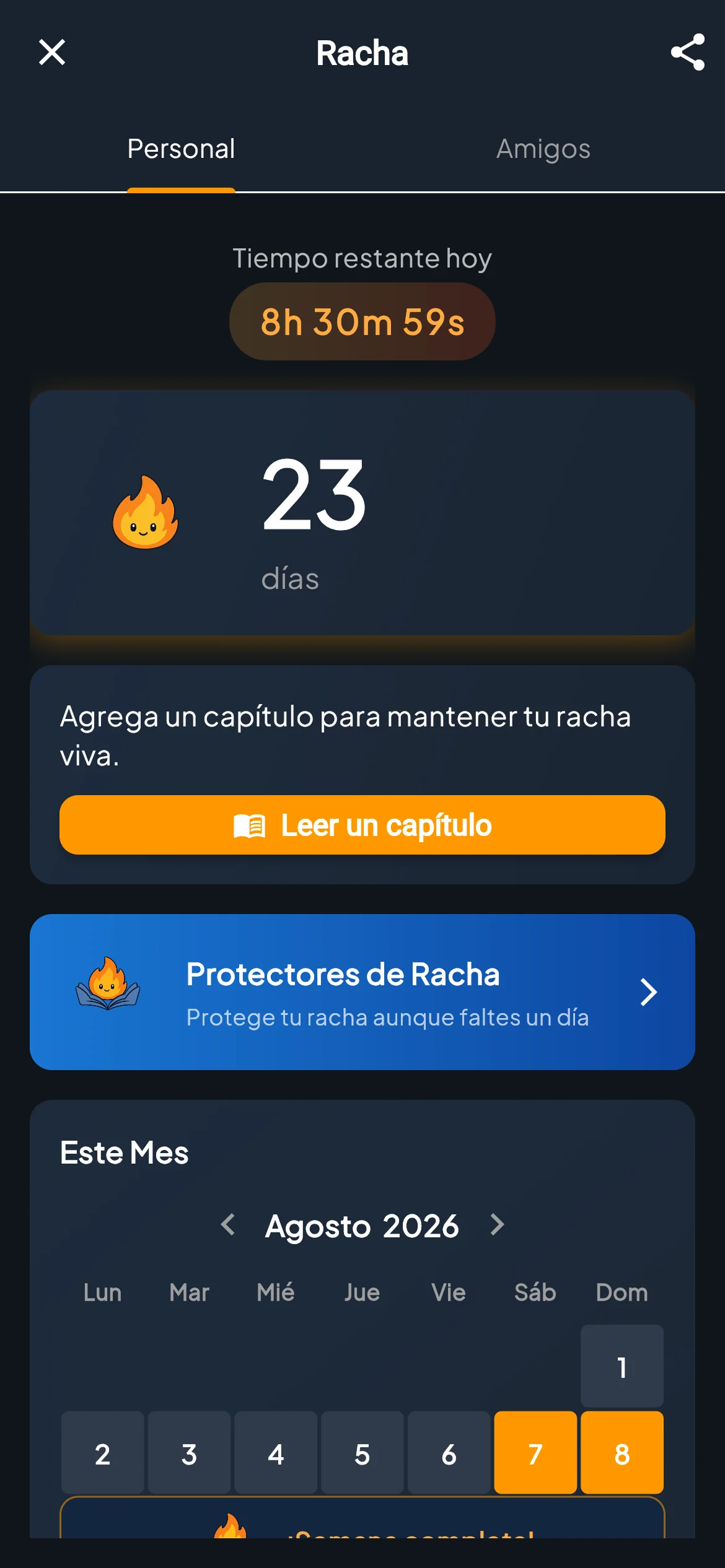 BibleVerse reading streaks screen shown in Spanish