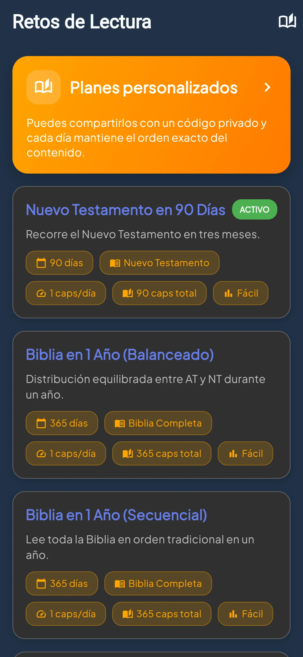 BibleVerse yearly challenge screen shown in Spanish