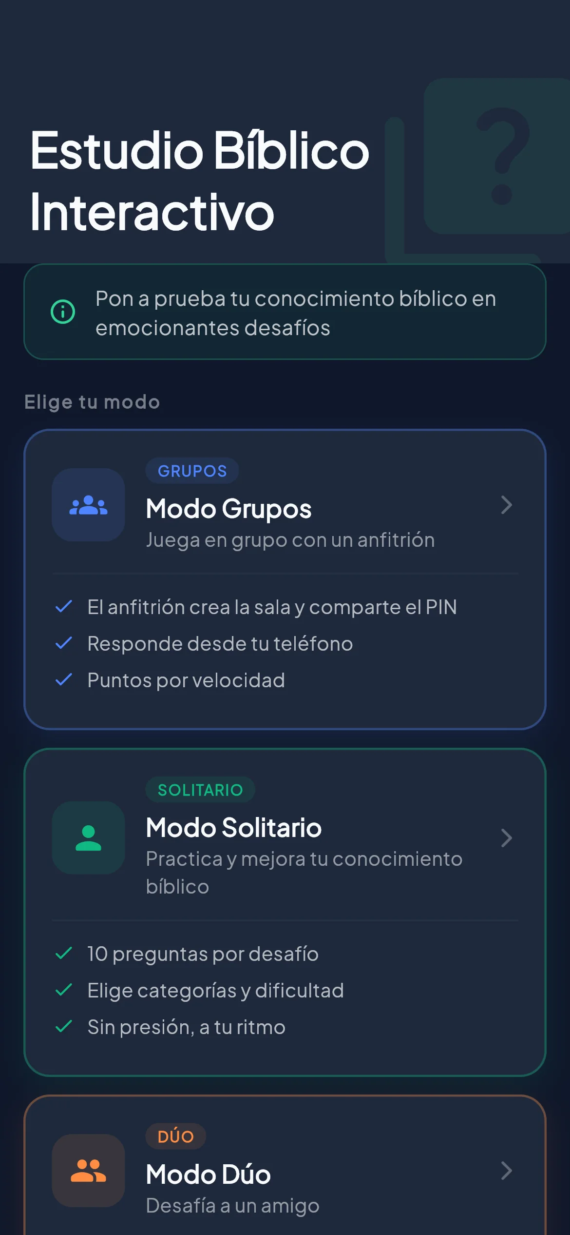 BibleVerse daily challenges screen shown in Spanish